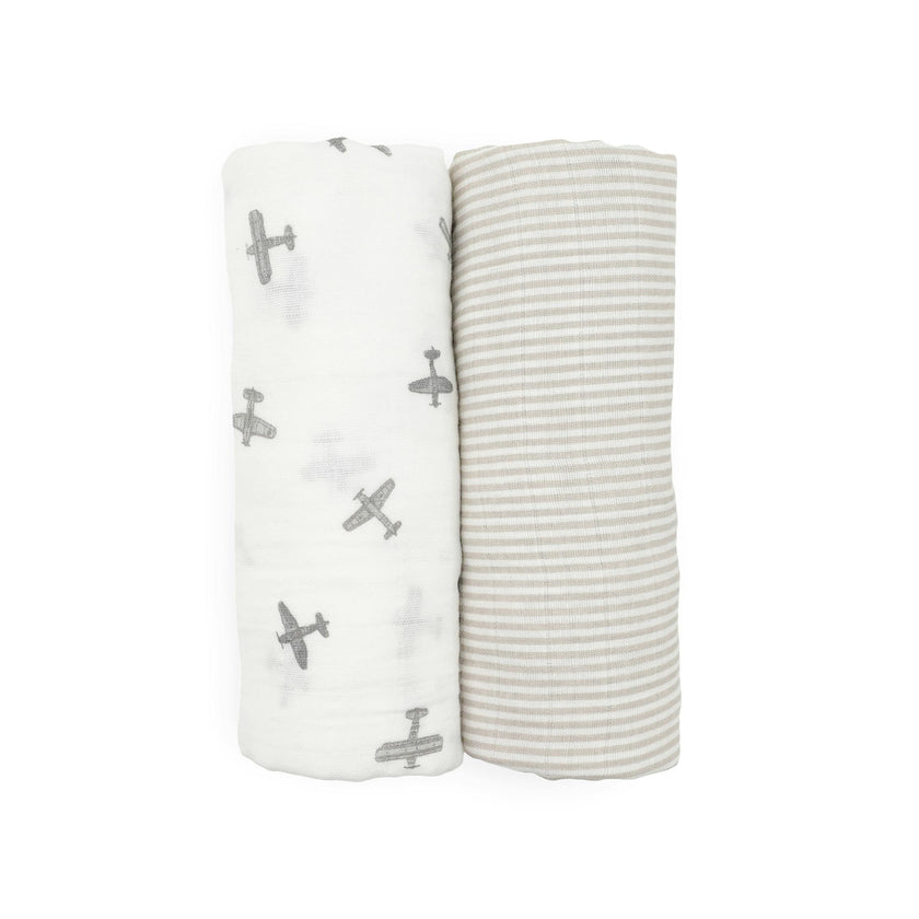 Organic Cotton Muslin Swaddle Blanket 2 Pack - Pewter Planes