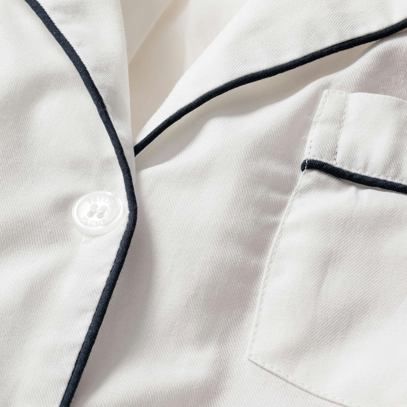 Kid's Twill Pajama Short Set in White with Navy Piping