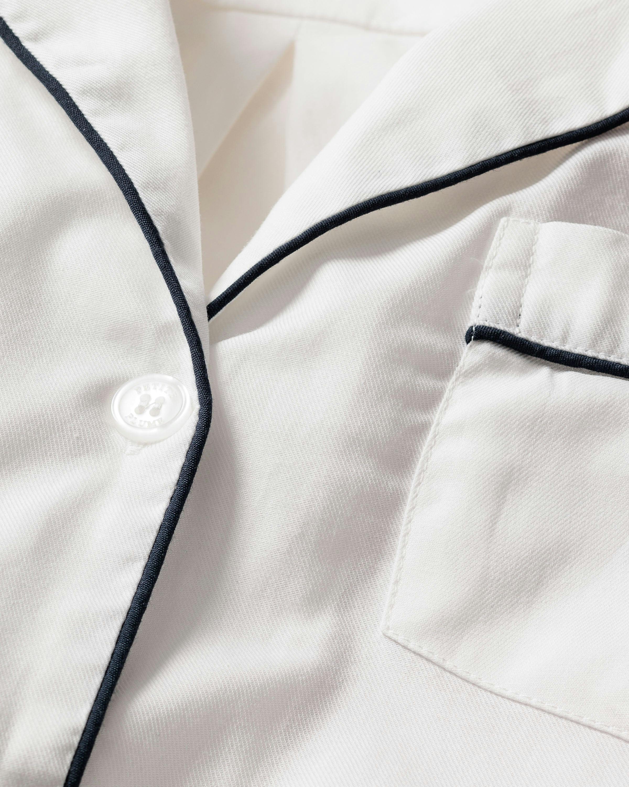 Kid's Twill Pajama Short Set in White with Navy Piping