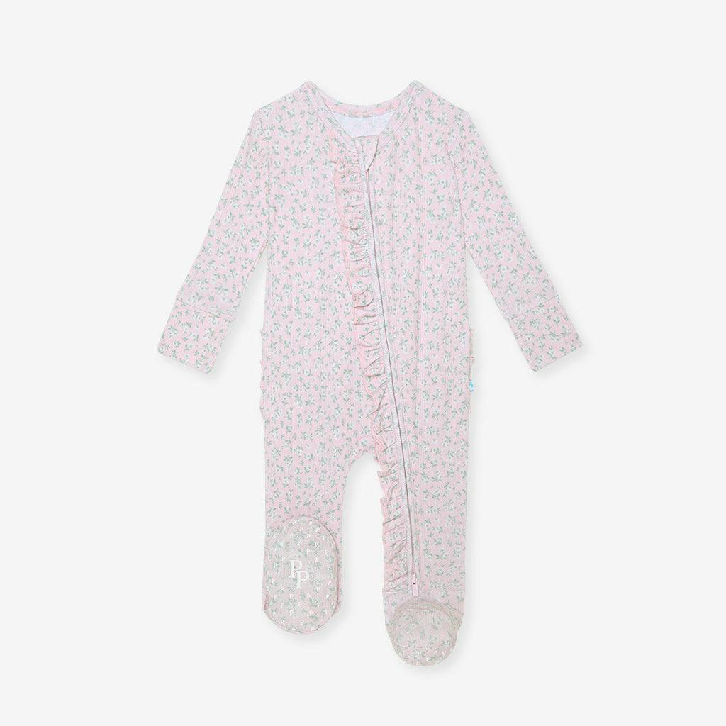 Andina Rose Pointelle Footie Ruffled Zippered One Piece