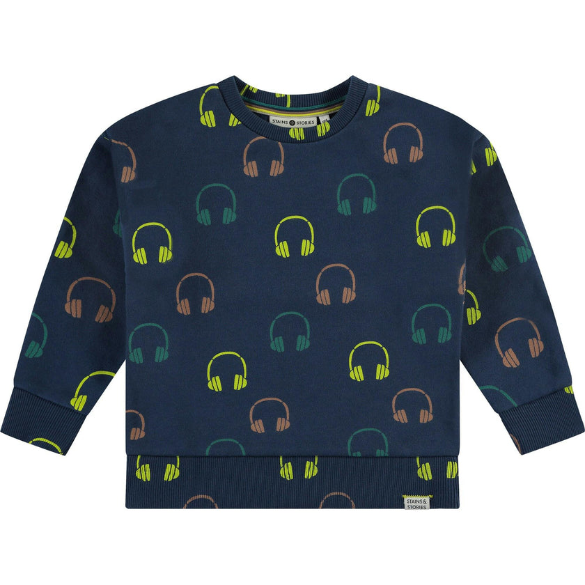 Headphone Print Crew Neck Pullover Sweatshirt