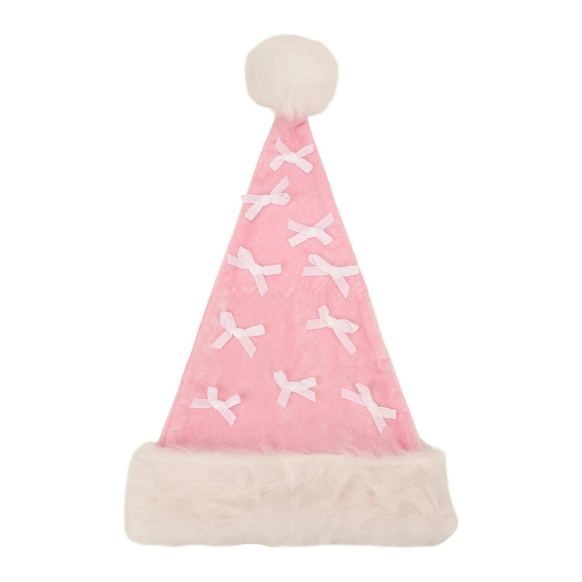 Packed Party Pink Velvet and Bows Santa Hat - Pastel Pink Plush Trim Santa Hat with Festive Bows and Pom Pom for Christmas Parties and Gift Exchanges