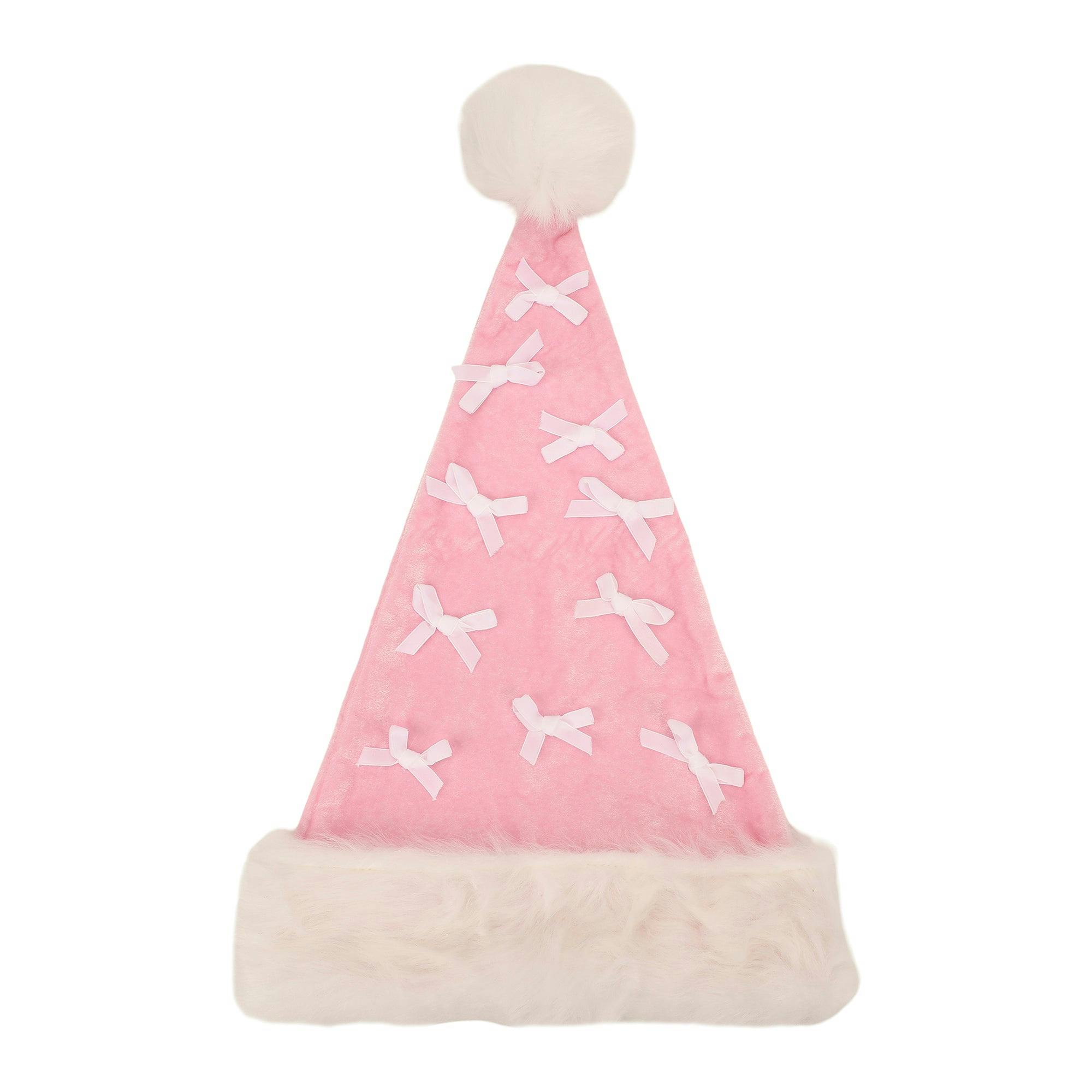 Packed Party Pink Velvet and Bows Santa Hat - Pastel Pink Plush Trim Santa Hat with Festive Bows and Pom Pom for Christmas Parties and Gift Exchanges