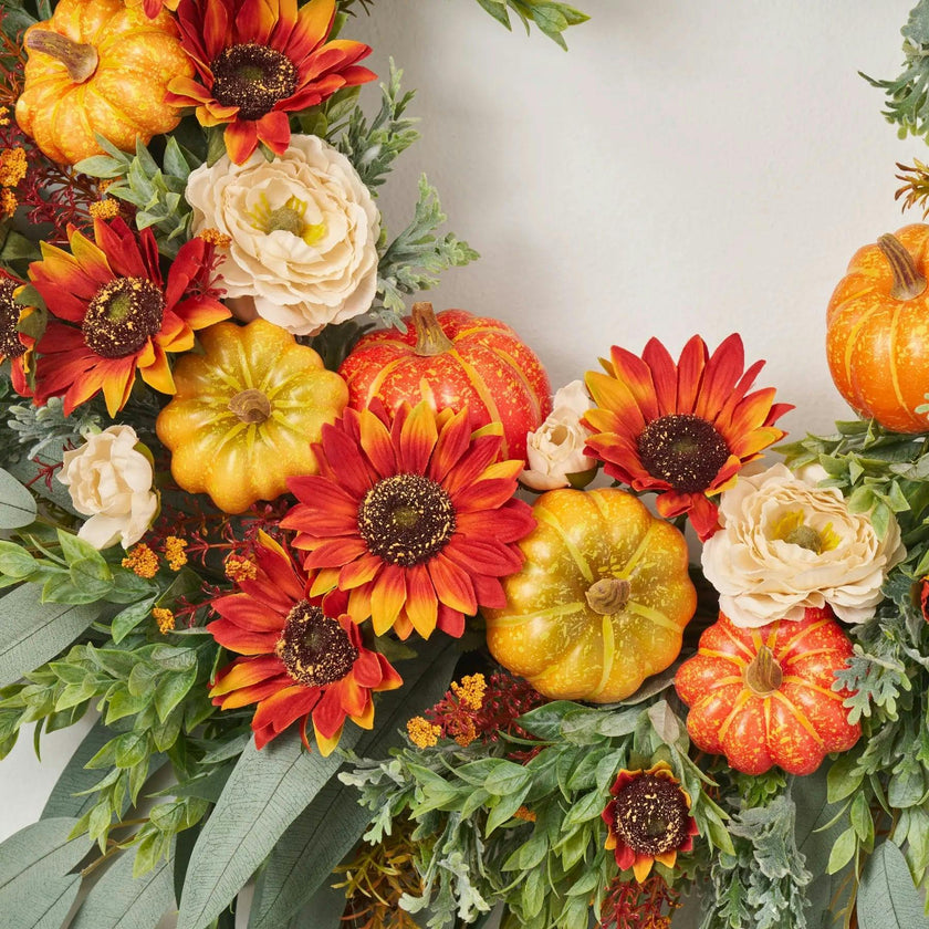Mixed Autumn Pumpkin, Burnt Orange Sunflowers, Cream Ranunculus & Needle Leaf Eucalyptus Front Door Fall Wreath