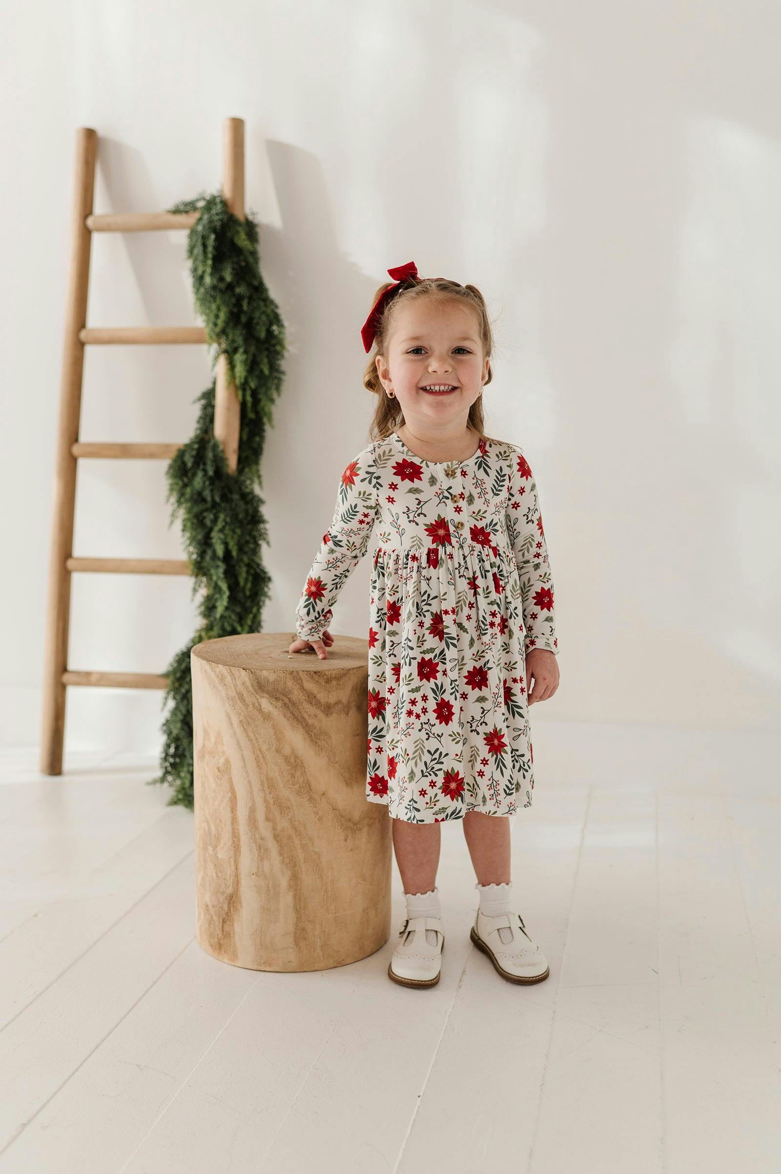 Girls Long Sleeve Henley Dress in Poinsettia
