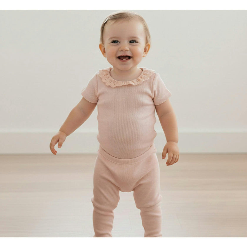 Organic Lace Collar Onesie & Tights Set - Blush