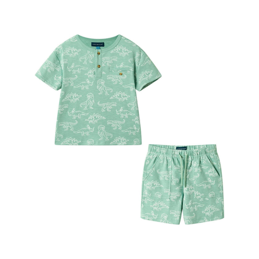 Boys Printed Henley Set | Green Dino