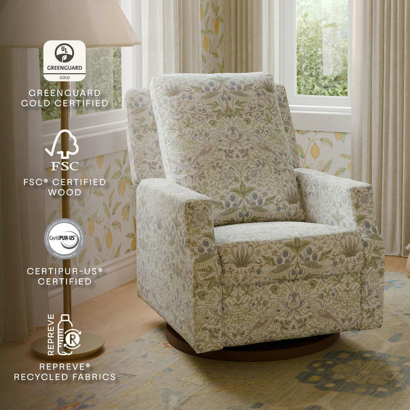Morris & Co. x Namesake Crewe Recliner and Swivel Glider in Strawberry Thief in Fig & Thyme Performance Eco-Weave with Dark Wood Base