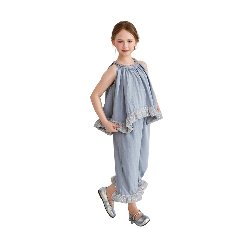 Blue Calyra Ruffle Pant Set