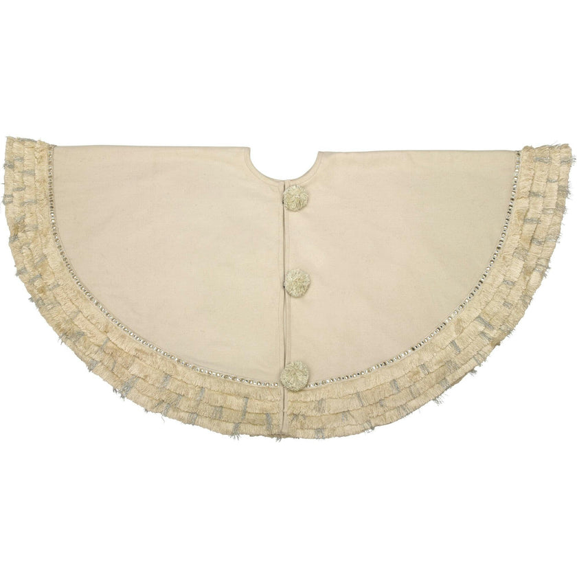 Handmade Cream Fringe Border Christmas Tree Skirt Wool 60"