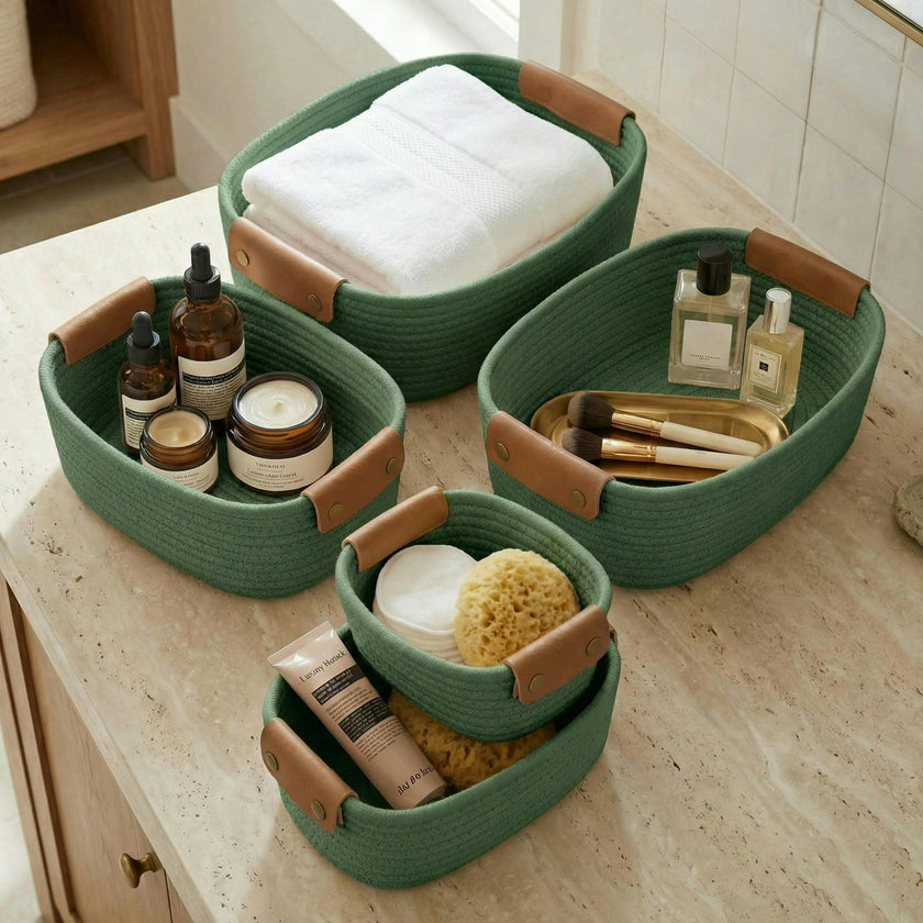 Beautiful Storage Basket Set of 5 - Modern Cotton Rope Baskets for Organizing Shelves - Perfect Bins for Nursery, Changing Table, Office and Living Room