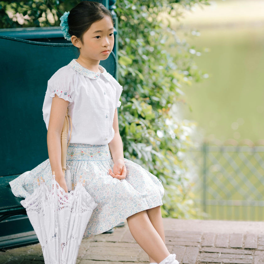 Marie Floral Blue Skirt & Short Sleeve Blouse