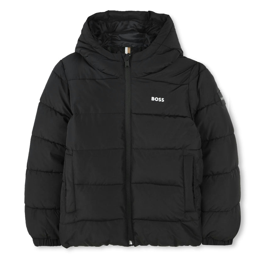 Black Hooded Logo Puffer Jacket