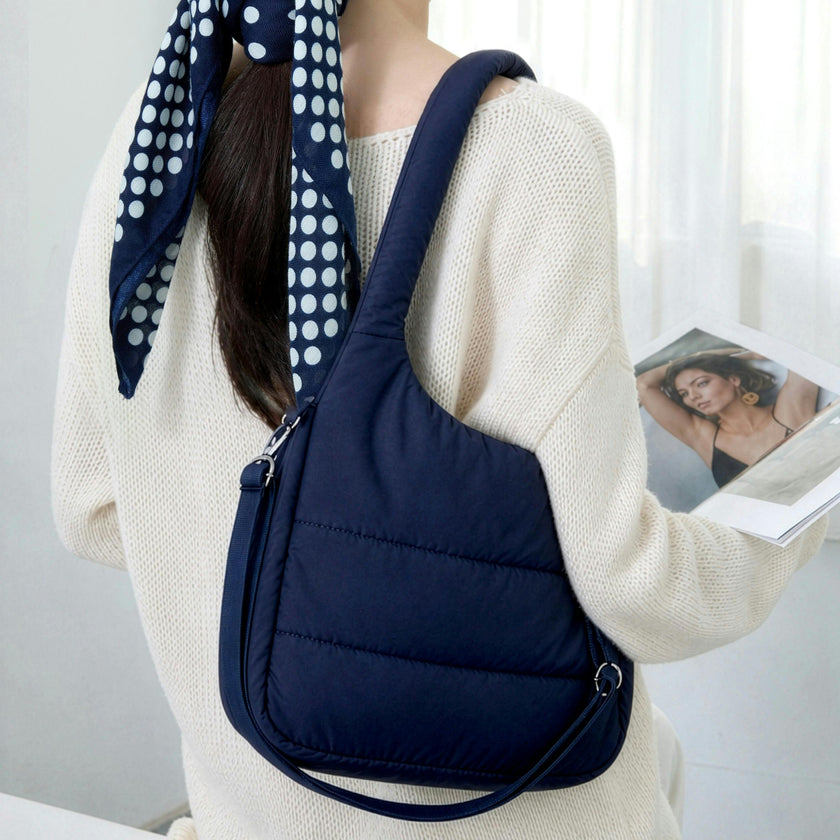 The Astra Puffy Tote with Removable Crossbody Strap in Navy