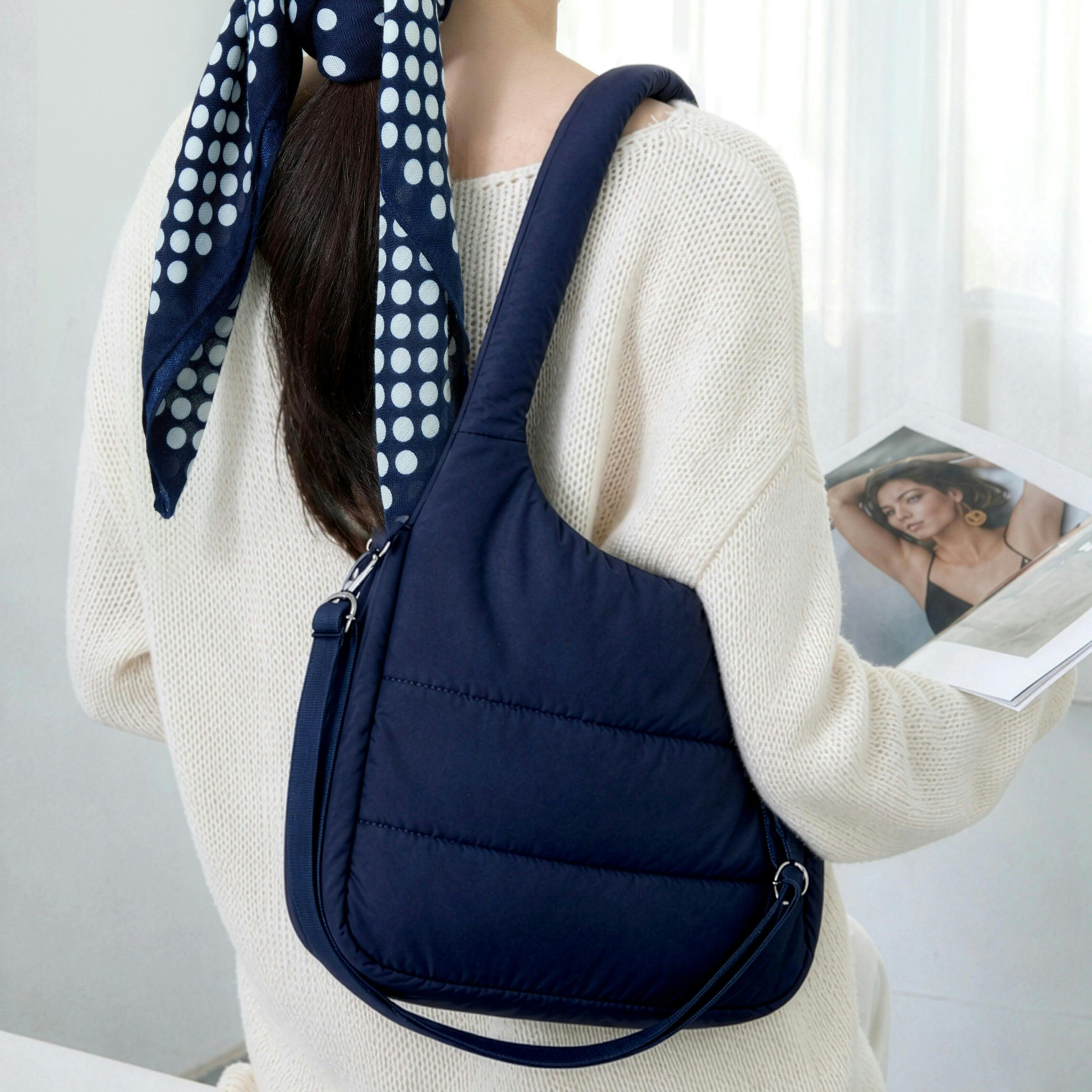 The Astra Puffy Tote with Removable Crossbody Strap in Navy
