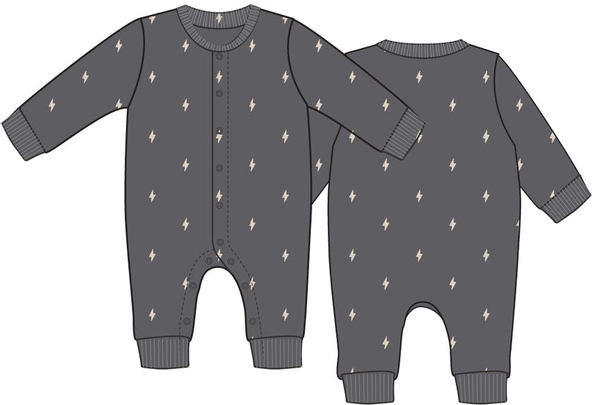 Lightning Bolt French Terry - Baseball Collar Button Up Romper