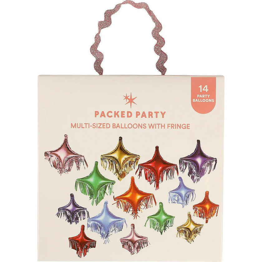 Packed Party Rainbow Fringe Spark Mylar Balloon Pack 14ct - Multicolor Spark-Shaped Balloons with Shiny Fringe Tassels, Large 16x14 and Small 12x10.5 Inch