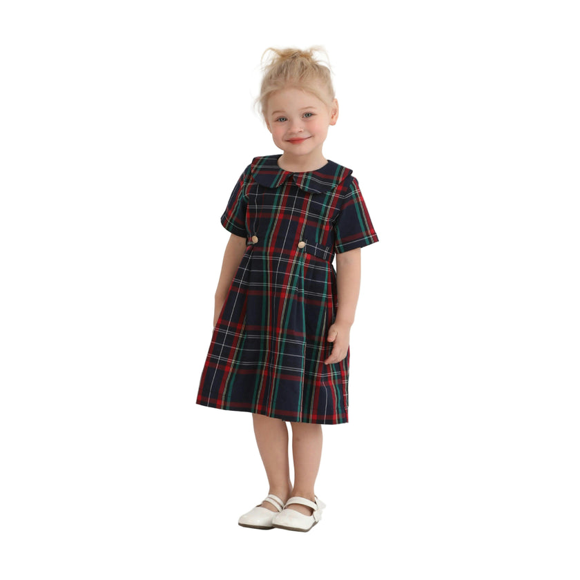Navy & Red Plaid Button-Waist Dress