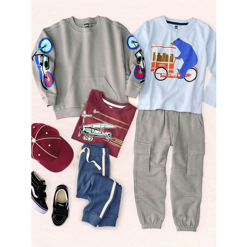 Bears Simit Cart Graphic Print Crew Neck Long Sleeve T-Shirt, Blue