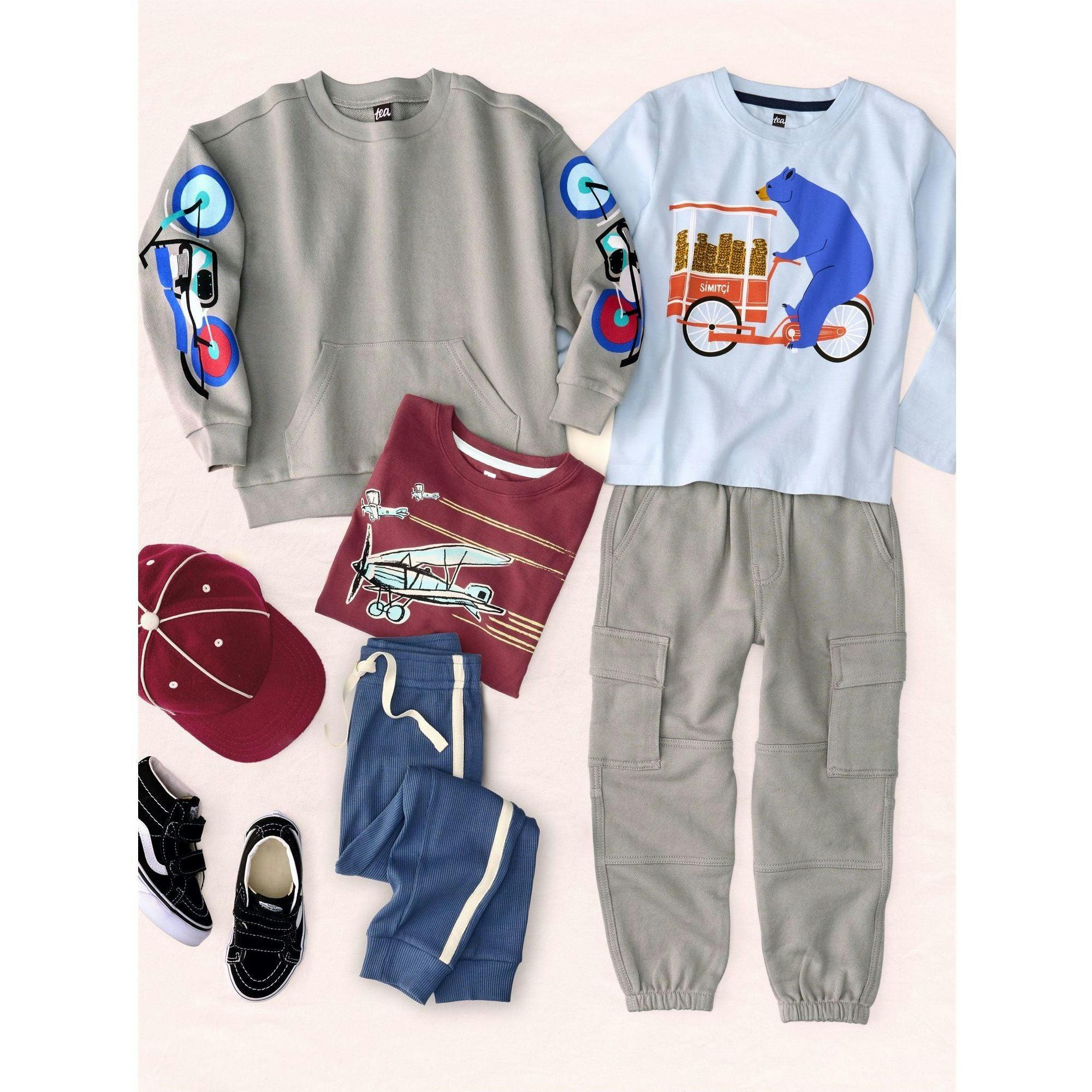 Bears Simit Cart Graphic Print Crew Neck Long Sleeve T-Shirt, Blue