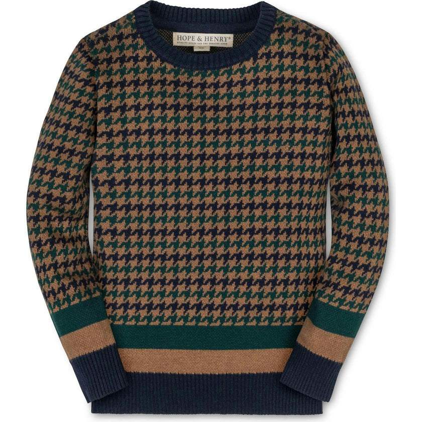 Organic Long Sleeve Intarsia Crew Neck Pullover Sweater, Brown