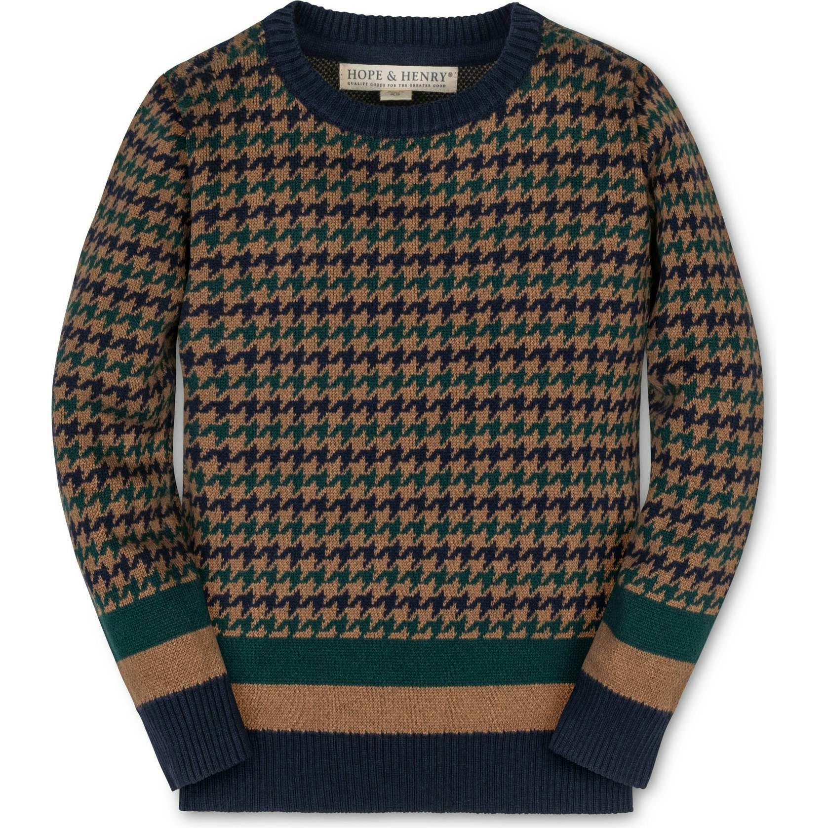 Organic Long Sleeve Intarsia Crew Neck Pullover Sweater, Brown