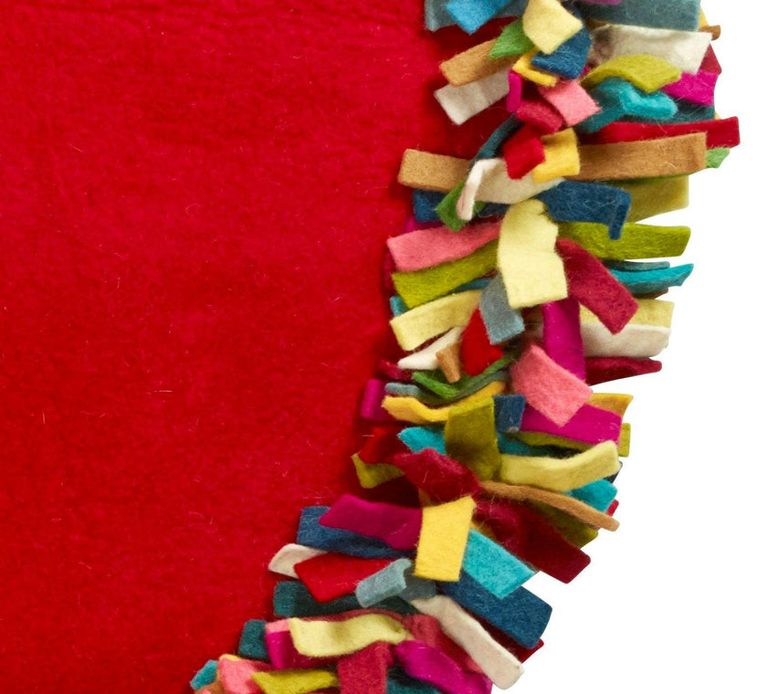 Handmade Felt Multicolor Fringe Border Red Wool Christmas Tree Skirt