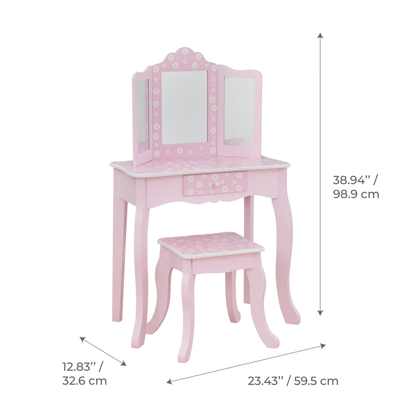 Daisy Gisele Wood Vanity with Tri-Fold Mirror and Drawer, Pink