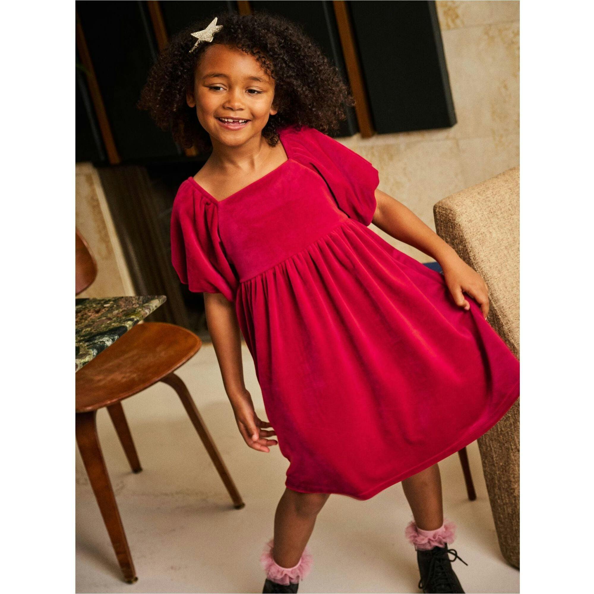 Puff Shoulder Velour Dress, Red