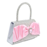Pink Bow Accented Silver Rhinestone Handbag