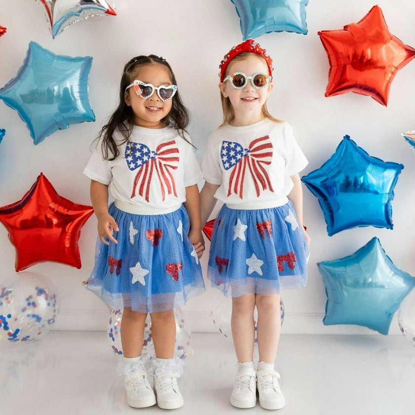 Patriotic Sequin Bow Patch Short Sleeve T-Shirt - White