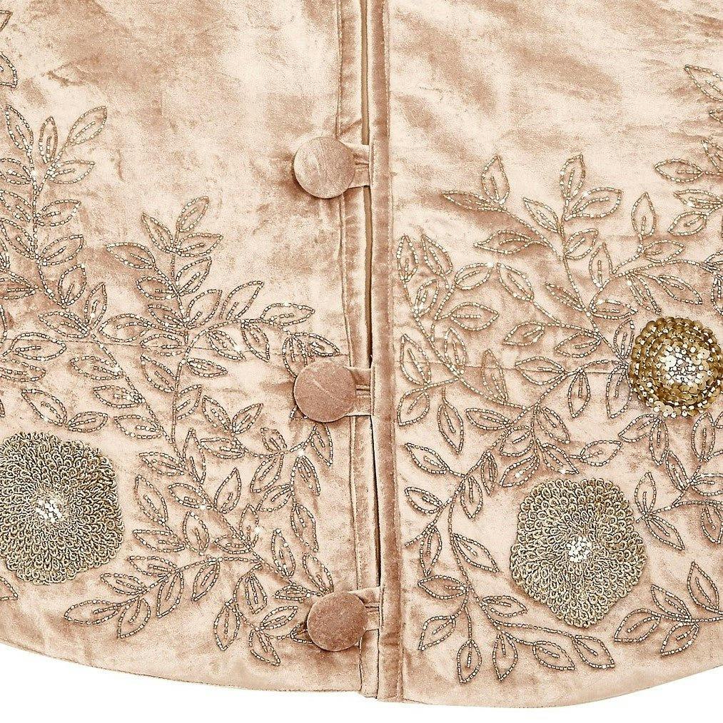 Hand Beaded Floral Christmas Tree Skirt Cafe Au Lait Velvet - 60