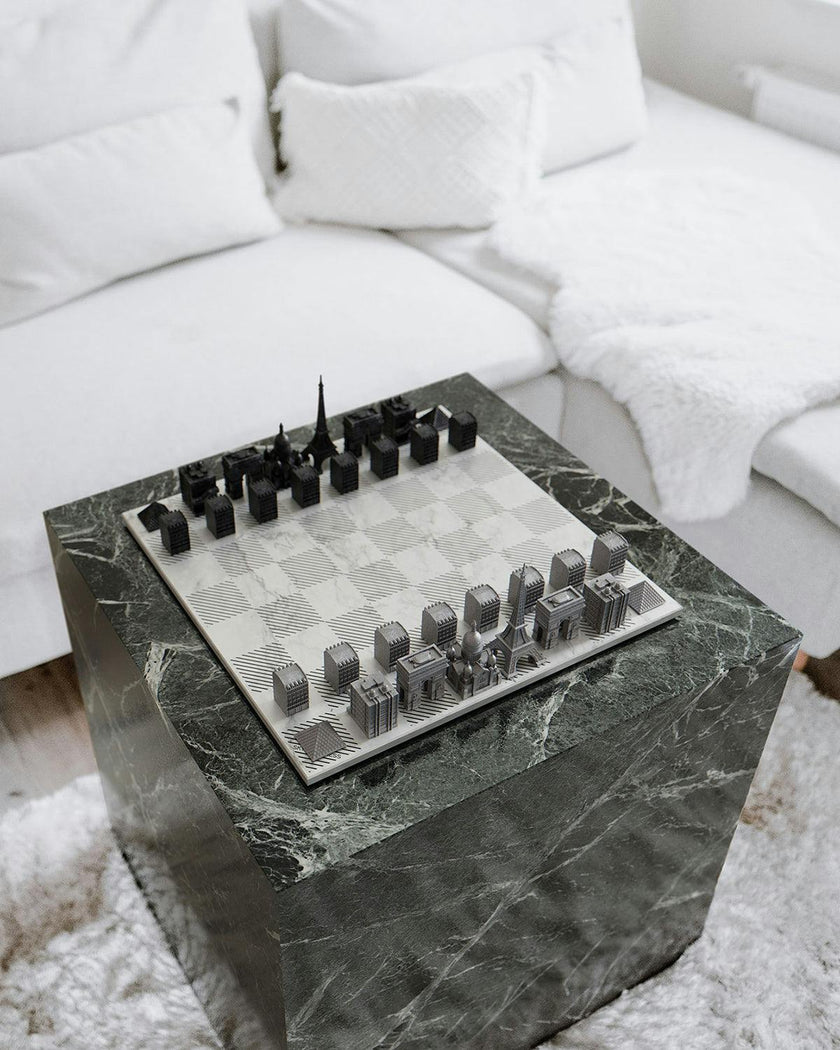 Chess Set Stainless Steel PARIS with Paris Map Board