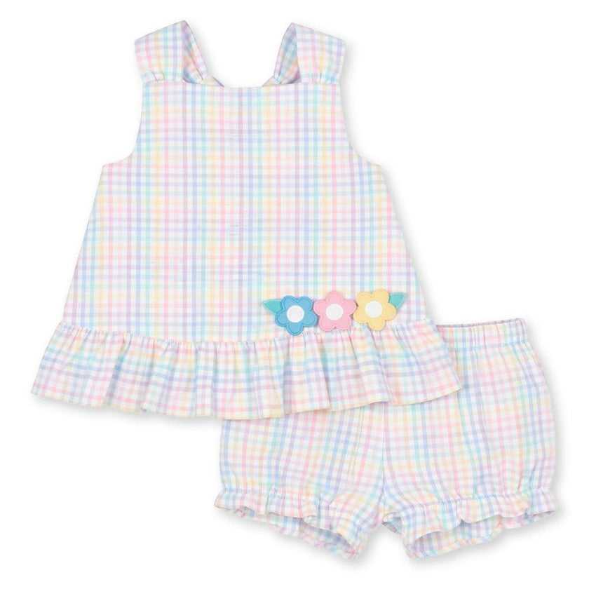 Plaid Seersucker Dress And Bloomer With Flowers