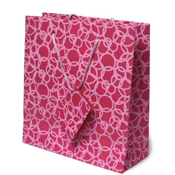 Set of Six Recycled Cotton Gift Bags Tag Pink Circles Design