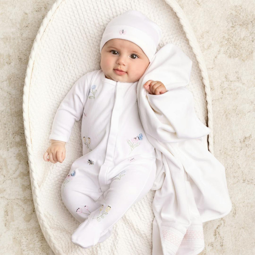 Garden Embroidered Cotton Romper w/Hat White