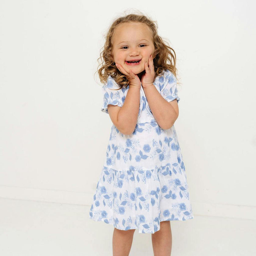 Blue Floral Embroidery Girls Joy Dress