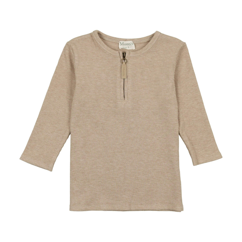 Soft Ribbed 3-Quarter Sleeve Zipped Henley Shirt