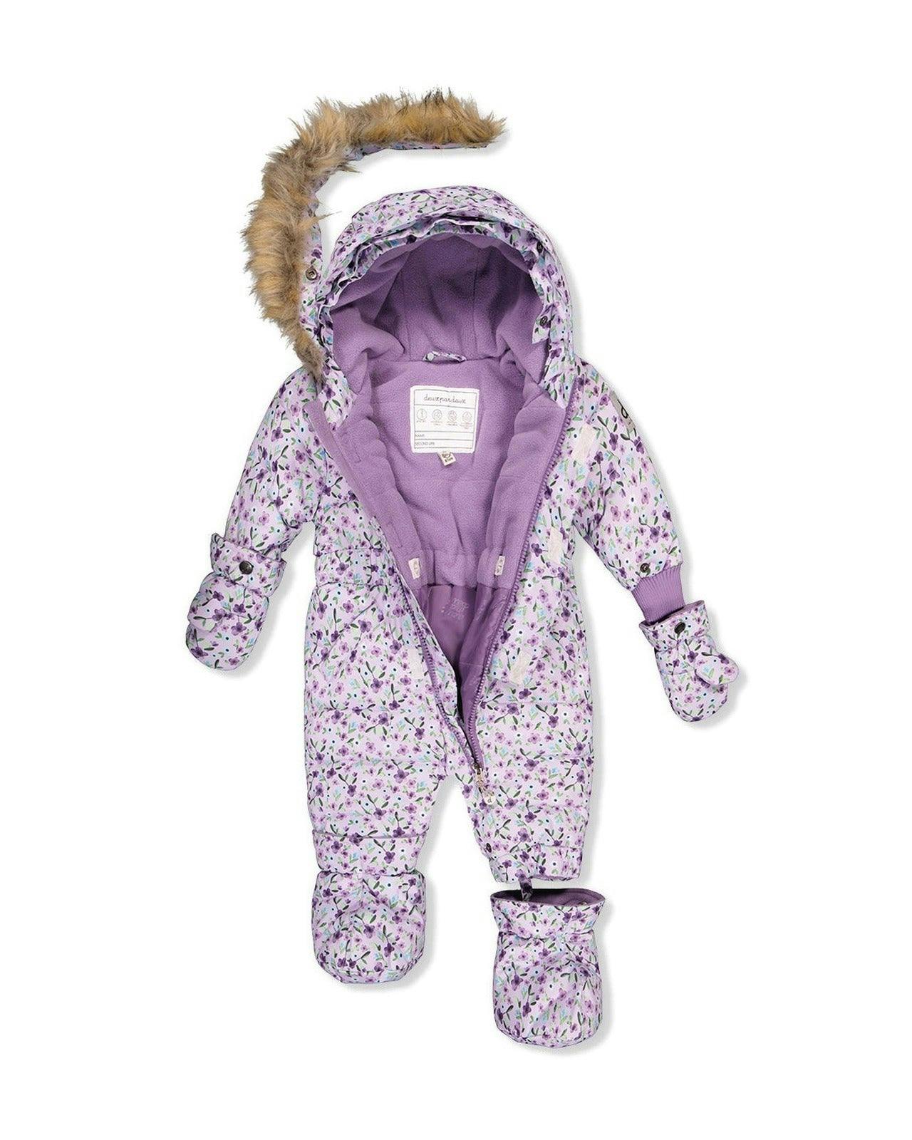 Baby Original One Piece Puffy Snowsuit With Removable Mittens And Boots Purple Printed Mini Flowers