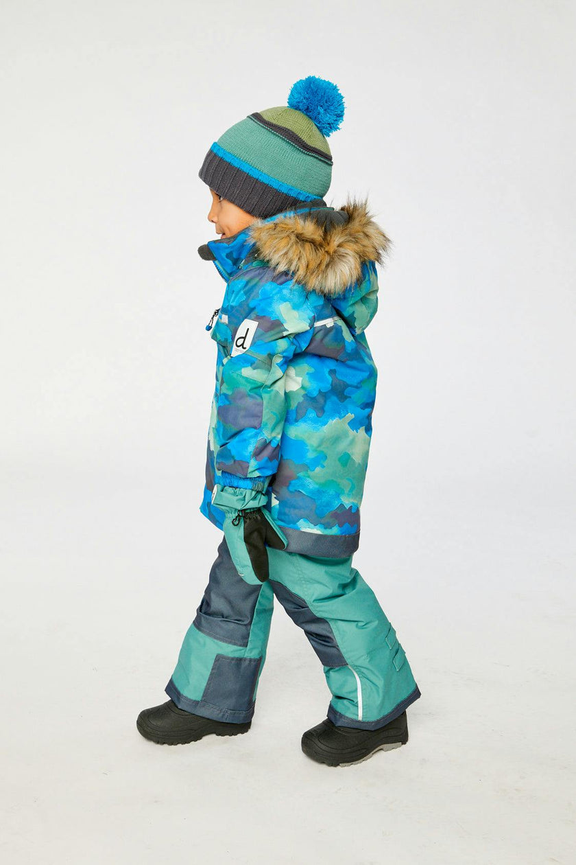 Two Piece Play Snowsuit Blue Camouflage Print With Green Pants