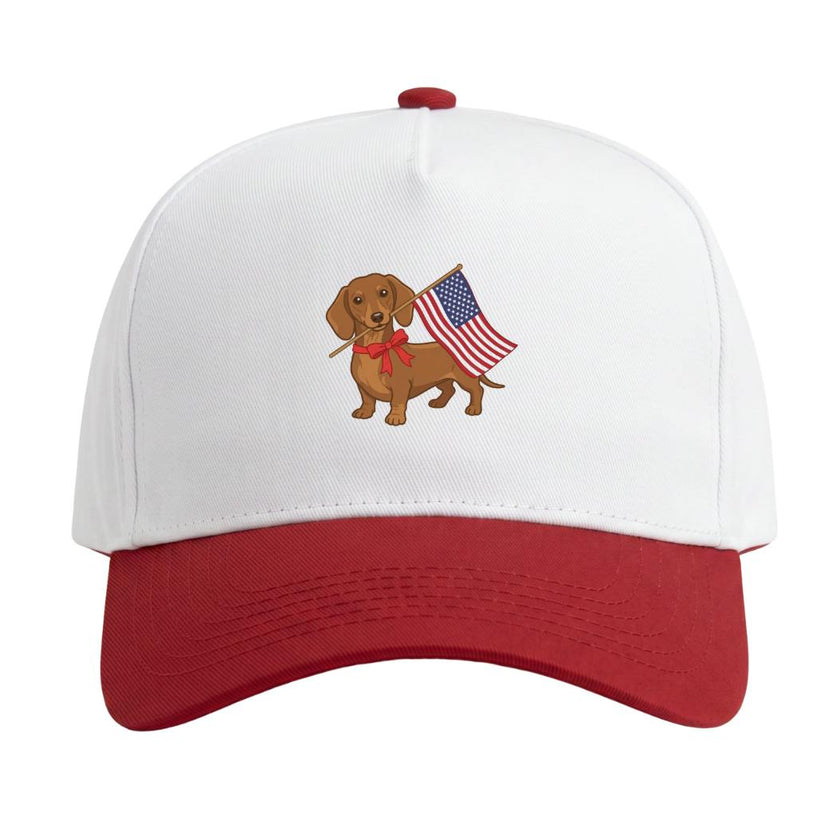 USA DACHSHUND Printed Patriotic Hat, White/Red