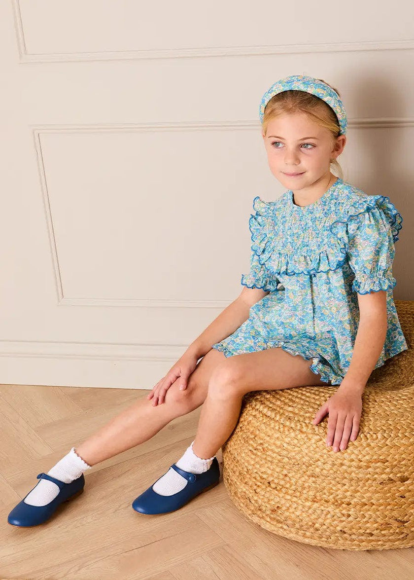 Leontyne Floral Scalloped Smocked Detail Short Sleeve Blouse in Blue Made with Liberty Fabric (2- 10yrs)