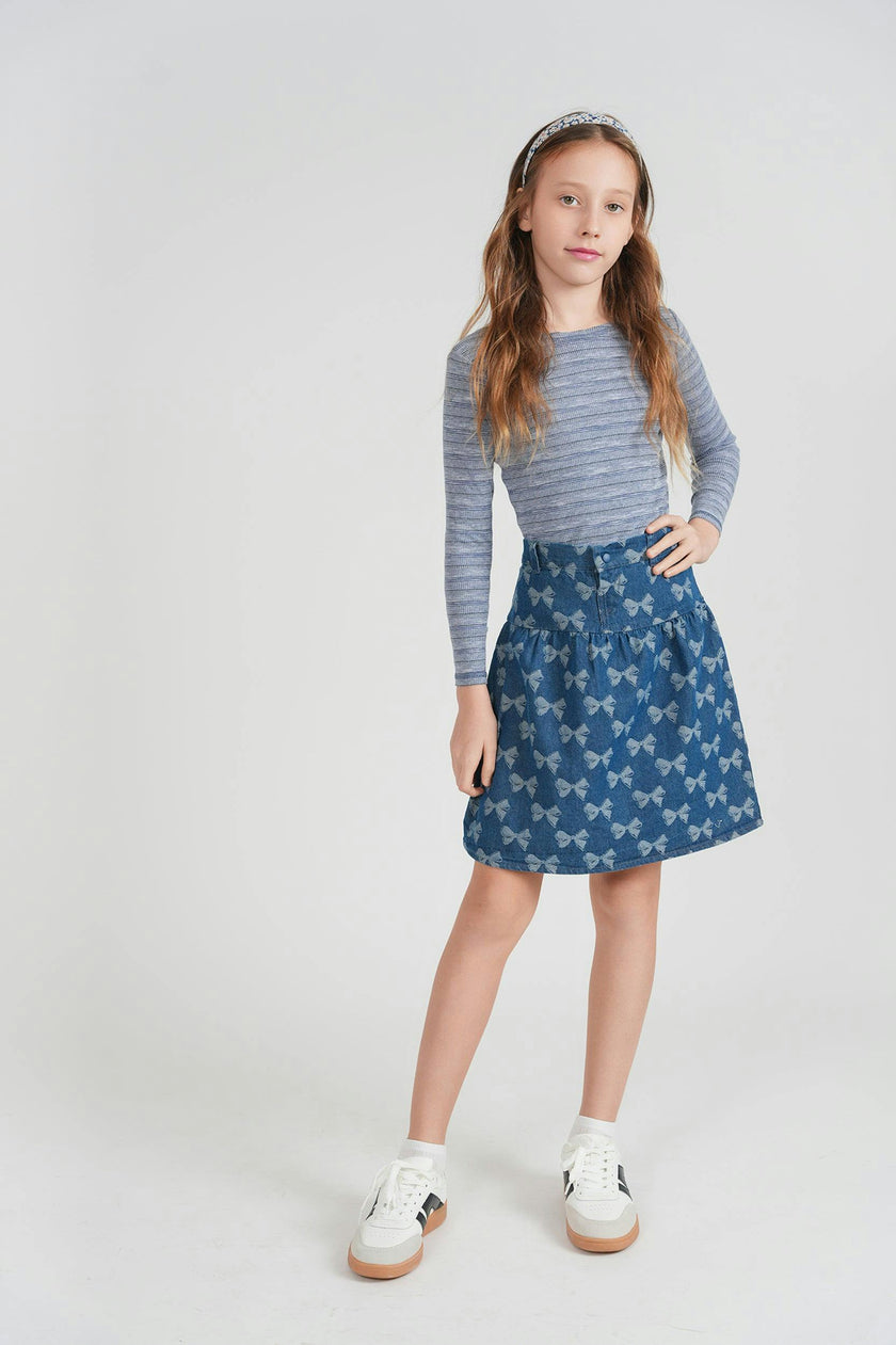 Bow Printed Denim Skirt