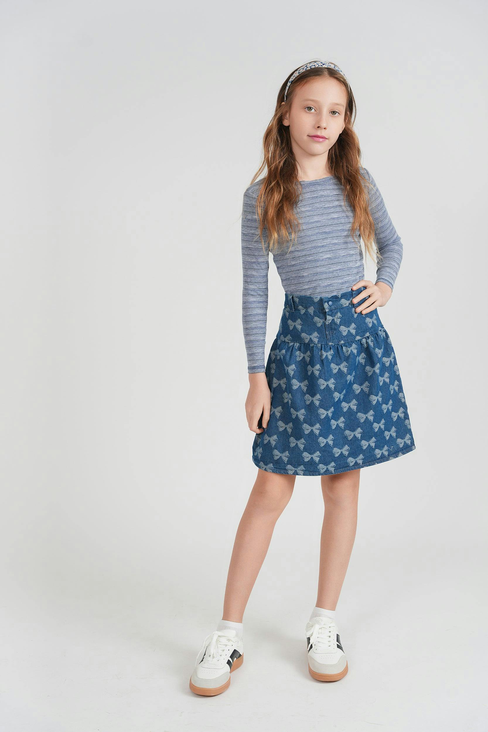 Bow Printed Denim Skirt