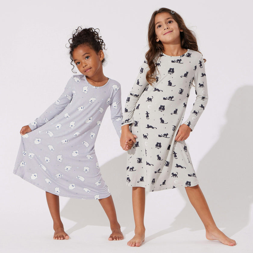 Black Cat Halloween Bamboo Girls' Long Sleeve Dress