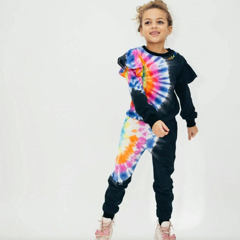 Rainbow Tie-Dye Ruffle Sweatshirt And Pant Set