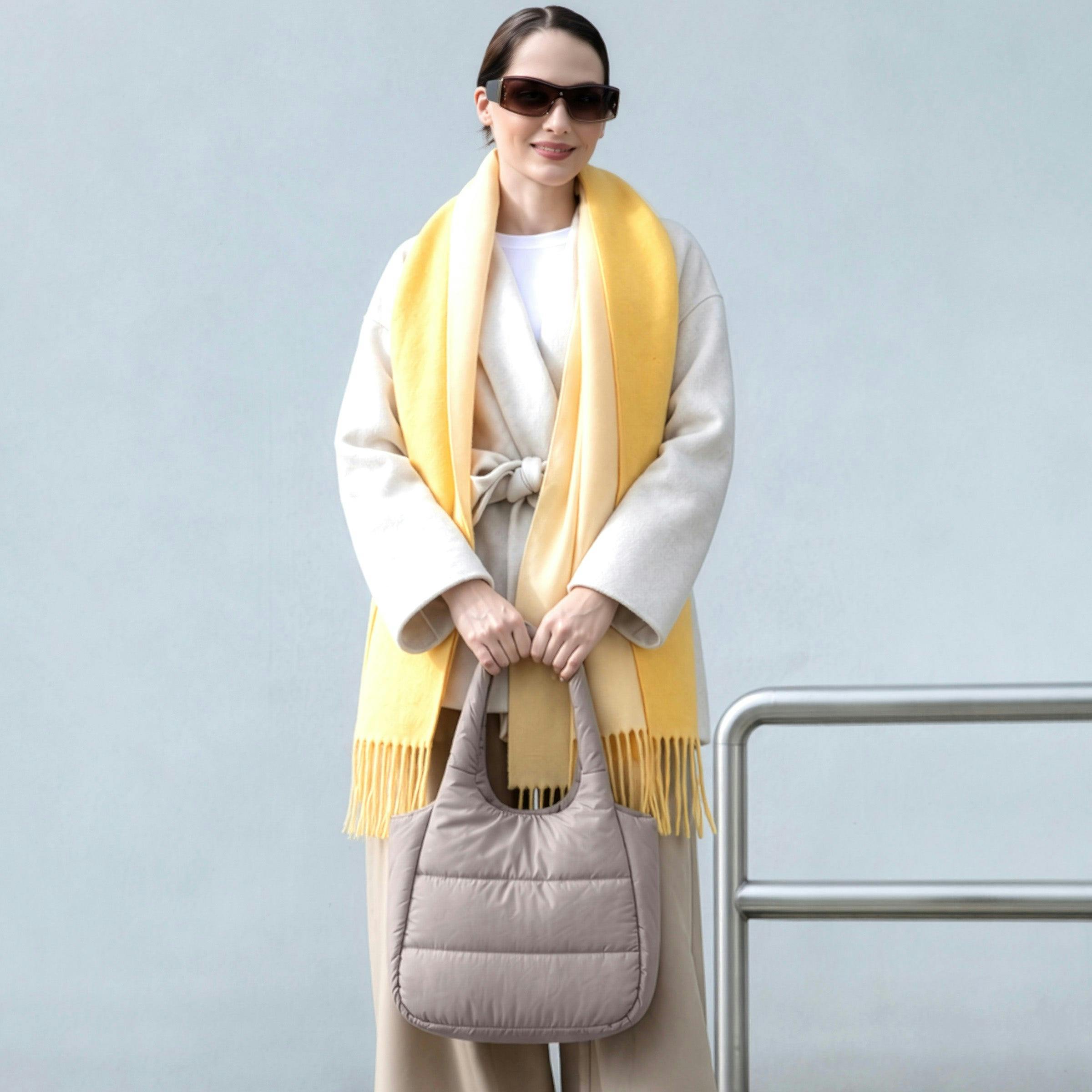 The Astra Puffy Tote with Removable Crossbody Strap in Taupe