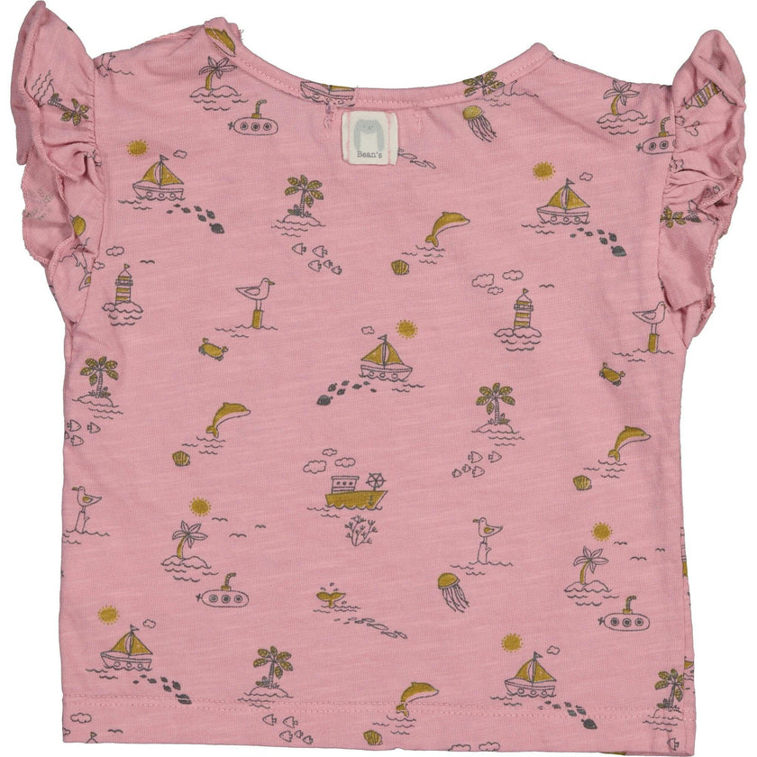 All-Over Sea Theme Print Ruffle Shoulder T-Shirt