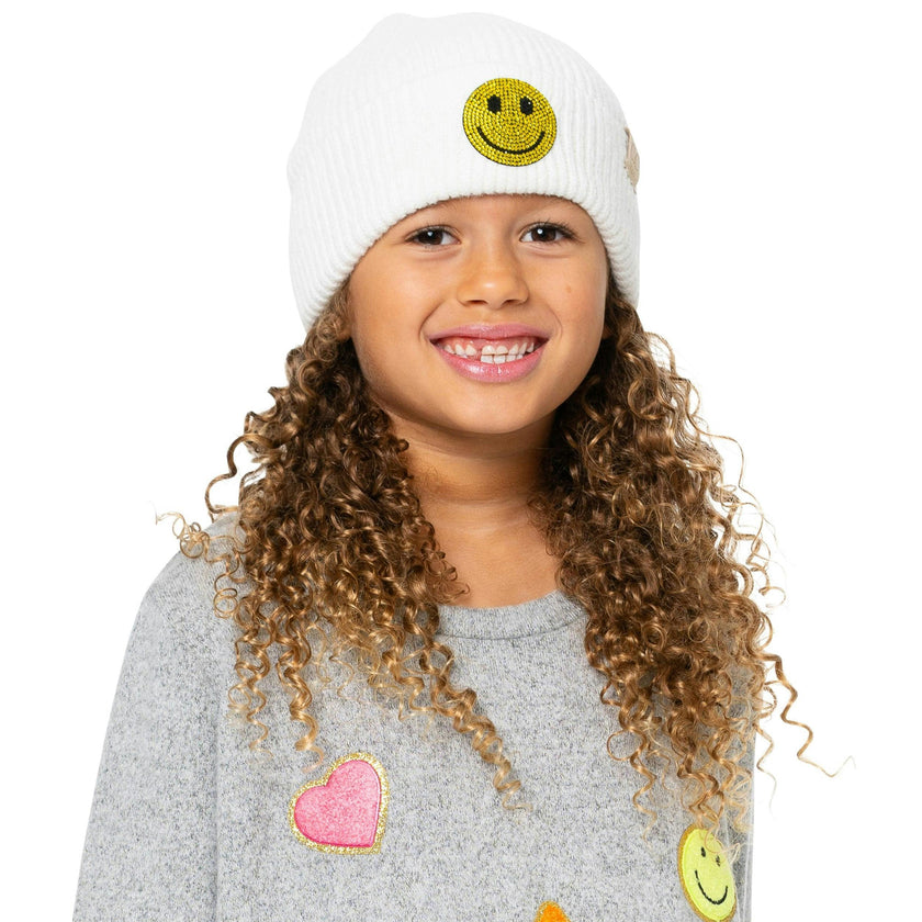 Little Girl's (4-6x) Solid Color Beanie with Rhinestone Happy Face Patch
