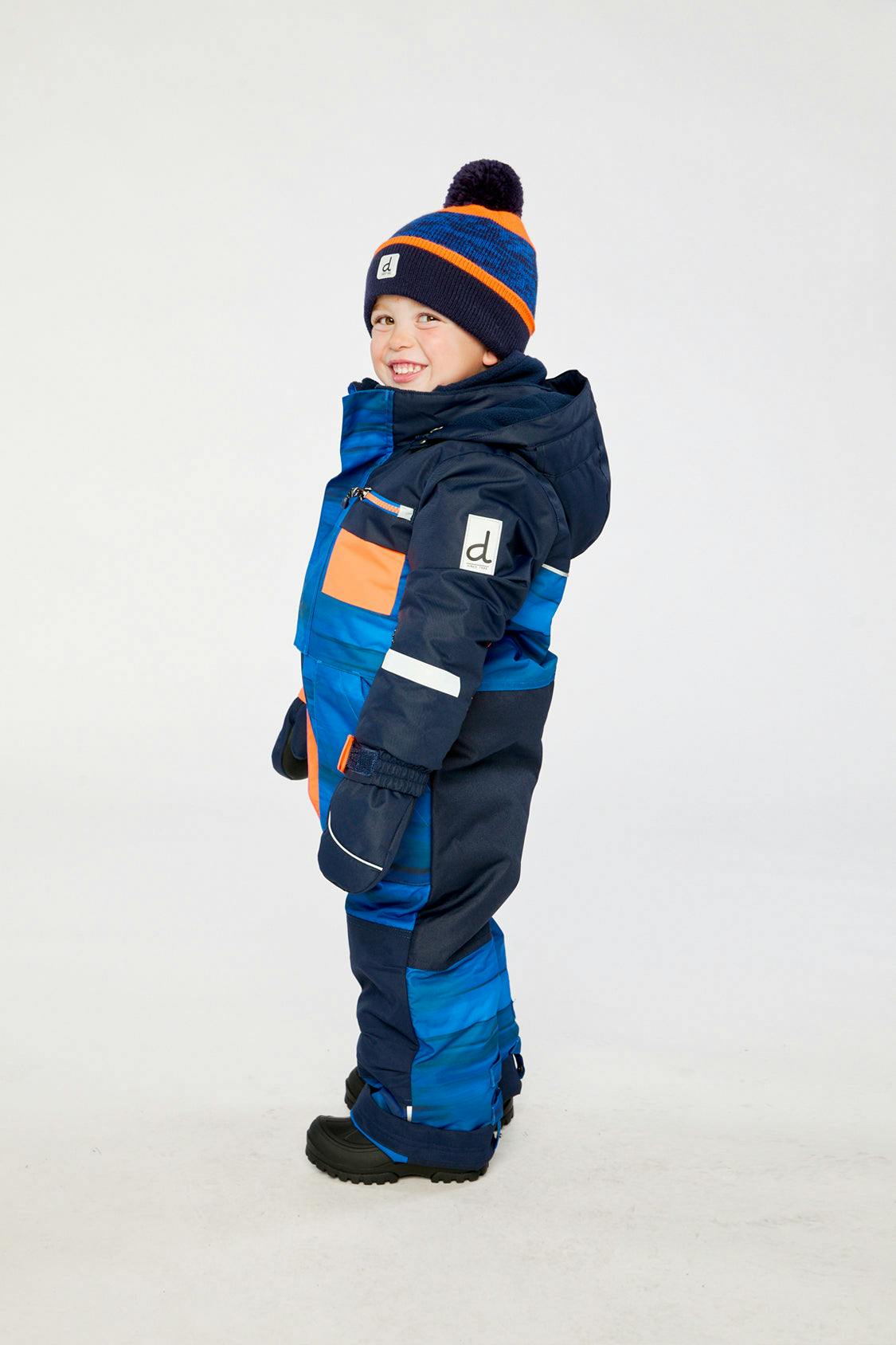 Kids One Piece Play Snowsuit Blue With Black Stripes